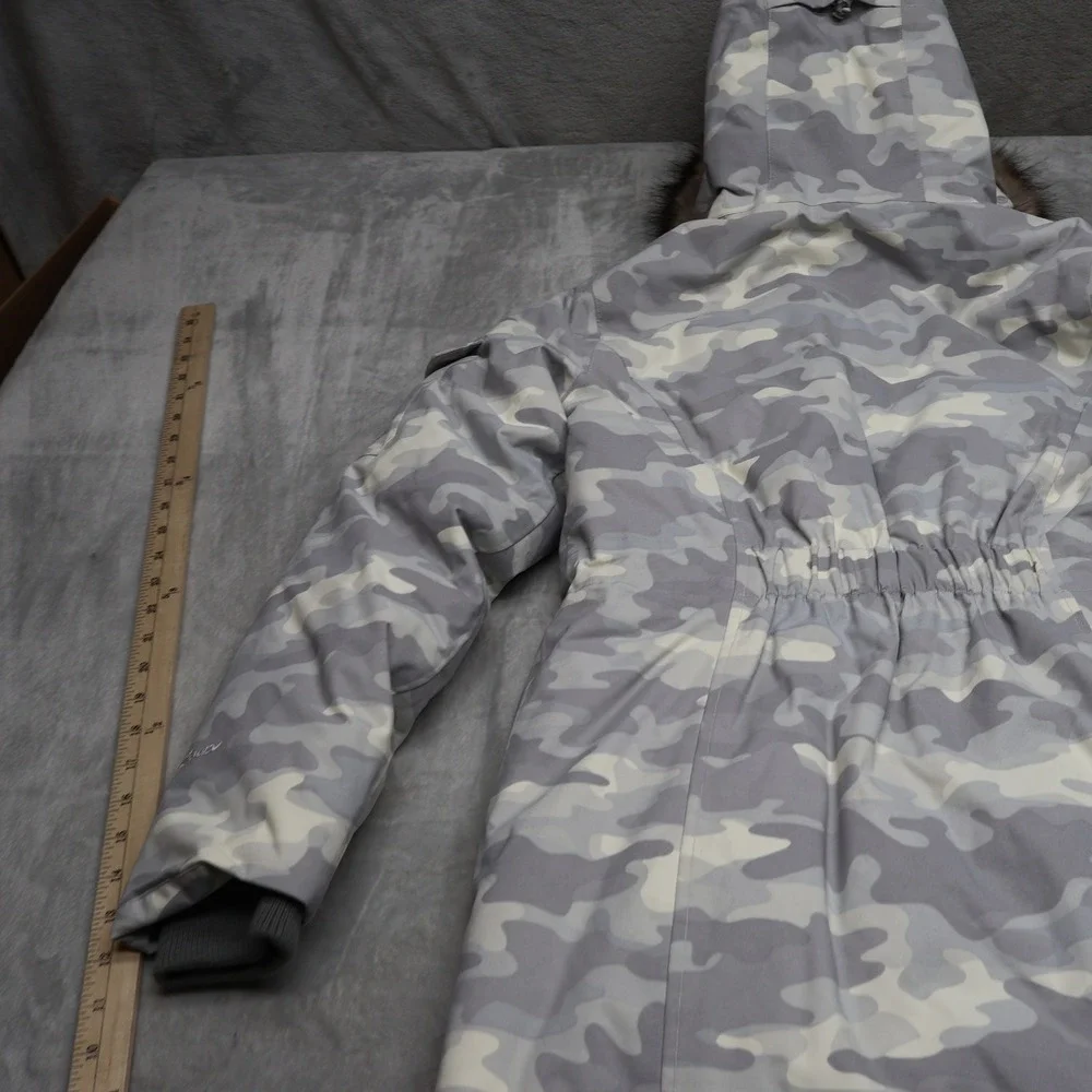 Eddie Bauer Down Jacket Womens Small White Camo Faux Fur Trim Insulated Parka